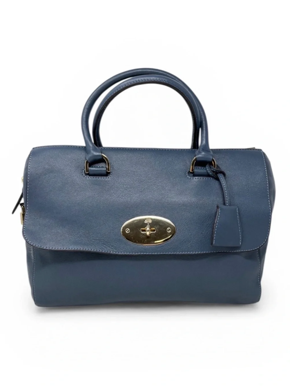 Mulberry Del Rey Slate Blue Leather Satchel Top Handle Bag Gold Hardware Medium